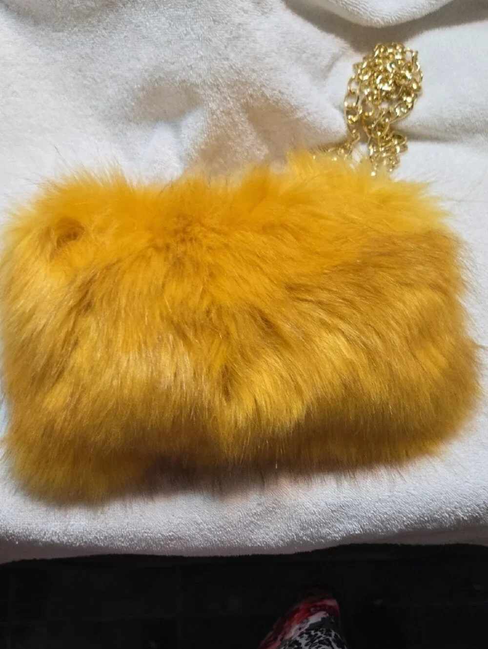 Source Unknown Faux Fur Chain Clutch in Mustard Yellow